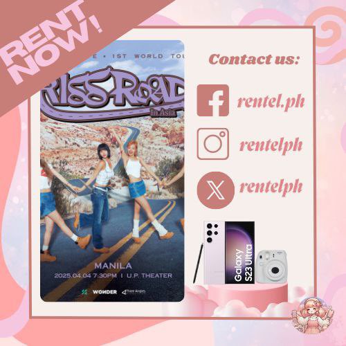 PHONE RENTAL SERVICE: OPEN | KISS OF LIFE KIOF KISS ROAD in Manila — April 4, 2025 — UP Theater

let's upgrade your concert experience with S23 ULTRA 🤳

✅️ 512GB ready! you'll never worry in storage even if you use 4k setting!
✅️ 100x zoom
✅️ with free use of powerbank &amp;