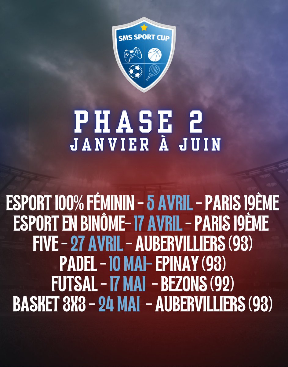 C’est reparti pour la phase 2 de la SMS SPORT CUP ! 🚀

Il y en aura pour tout le monde : basket 3X3, du futsal, du padel, du FIVE et du gaming ! 🎮⚽️🏀🎾

Du sport pour tous au profit de nombreuses nouvelles associations 🫶

helloasso.com/associations/b…