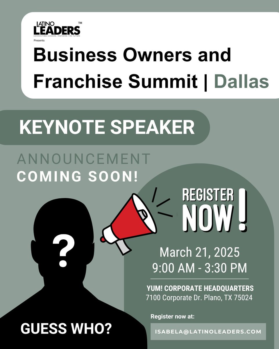 Big News, Business Enthusiasts! 🎤

The Business Owners &amp; Franchise Summit is almost here! Stay tuned for the big guest speaker reveal—trust us, you won’t want to miss it! 😎

👉 Who do you think will join us? Drop your guesses below!

📩 Register at: isabela@latinoleaders.com