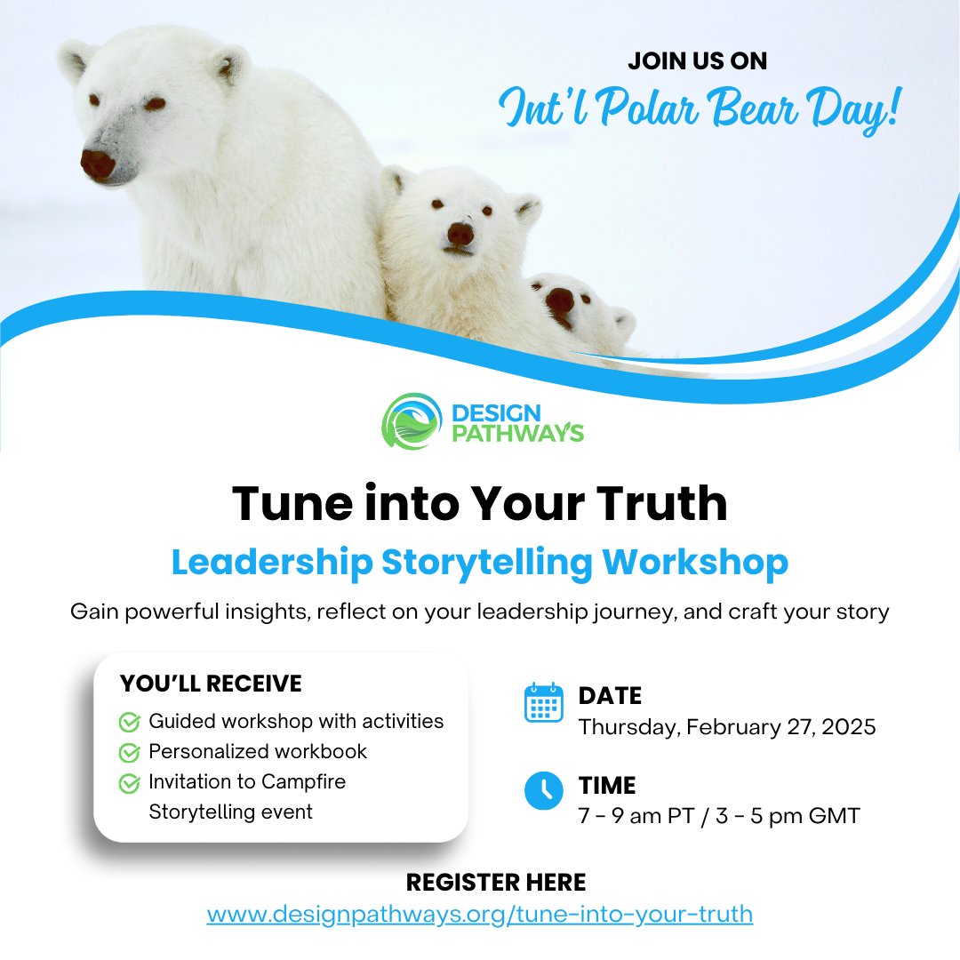 DesignPathways's tweet image. 🎉 Come celebrate #PolarBearDay and tune into your truth on Feb 27!

💡 Gain powerful insights to see yourself more clearly
🛤️ Connect your past, present, and future
✍️ Craft a compelling #leadership story

Learn more: bit.ly/3FhnyYQ
Join us: bit.ly/tune-into-your…