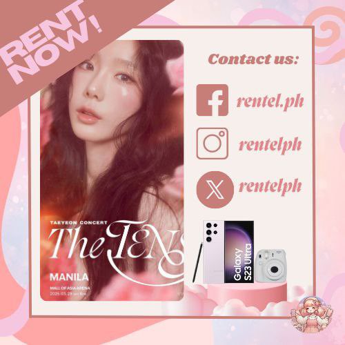 PHONE RENTAL SERVICE: OPEN | TAEYEON THE TENSE in Manila — March 29, 2025 — SM Mall of Asia Arena

let's upgrade your concert experience with S23 ULTRA 🤳

✅️ 512GB ready! you'll never worry in storage even if you use 4k setting!
✅️ 100x zoom
✅️ with free use of powerbank &amp;
