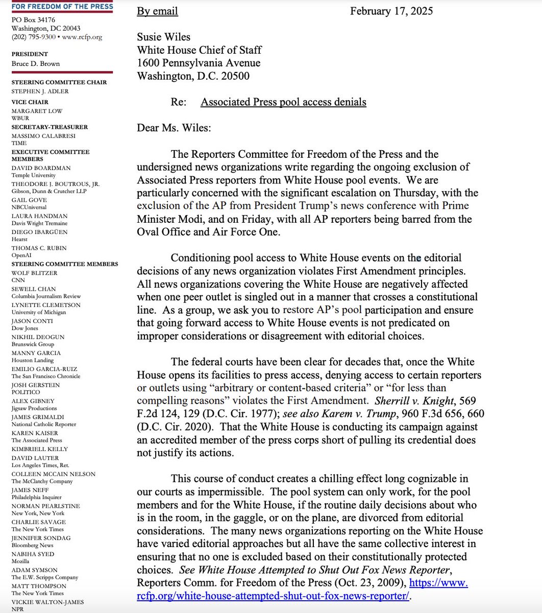 The <a href="/rcfp/">Reporters Committee for Freedom of the Press</a> has sent a letter to the White House — signed by more than 30 news companies (including The Post) — urging an end to the ban on the AP.

"Conditioning pool access to White House events on the editorial decisions of any news organization violates First Amendment