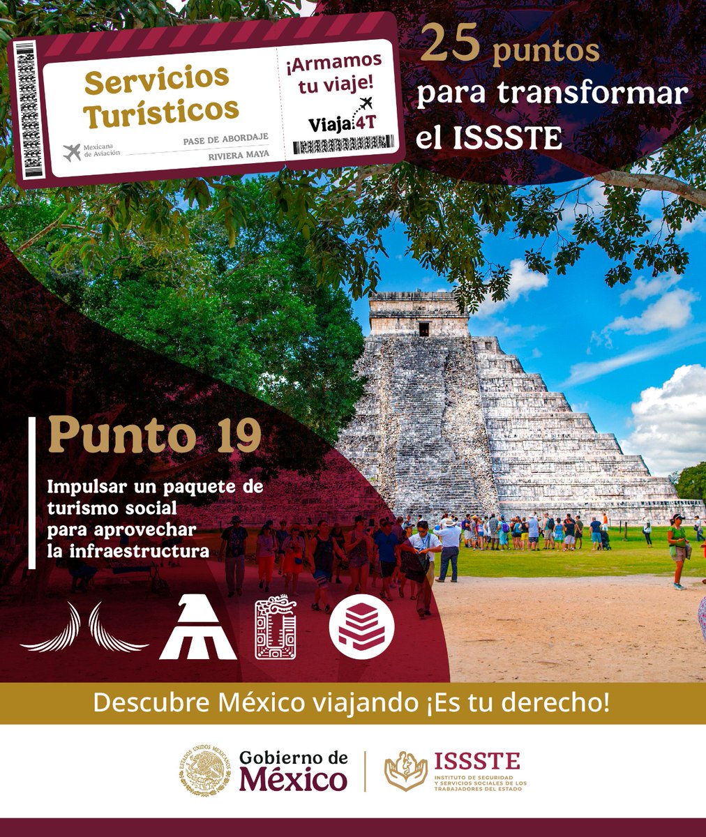 TurismoISSSTE's tweet photo. 🏛️✨ Explora México con la tranquilidad que mereces
Viajar es tu derecho, y con los Servicios Turísticos del @ISSSTE puedes hacerlo con confianza. Disfruta de un turismo accesible, seguro y planeado especialmente para ti🌎 @martibatres #TeAsesoramos #RiquezasdelSureste #Viaja4T https://t.co/tc8tkirucm