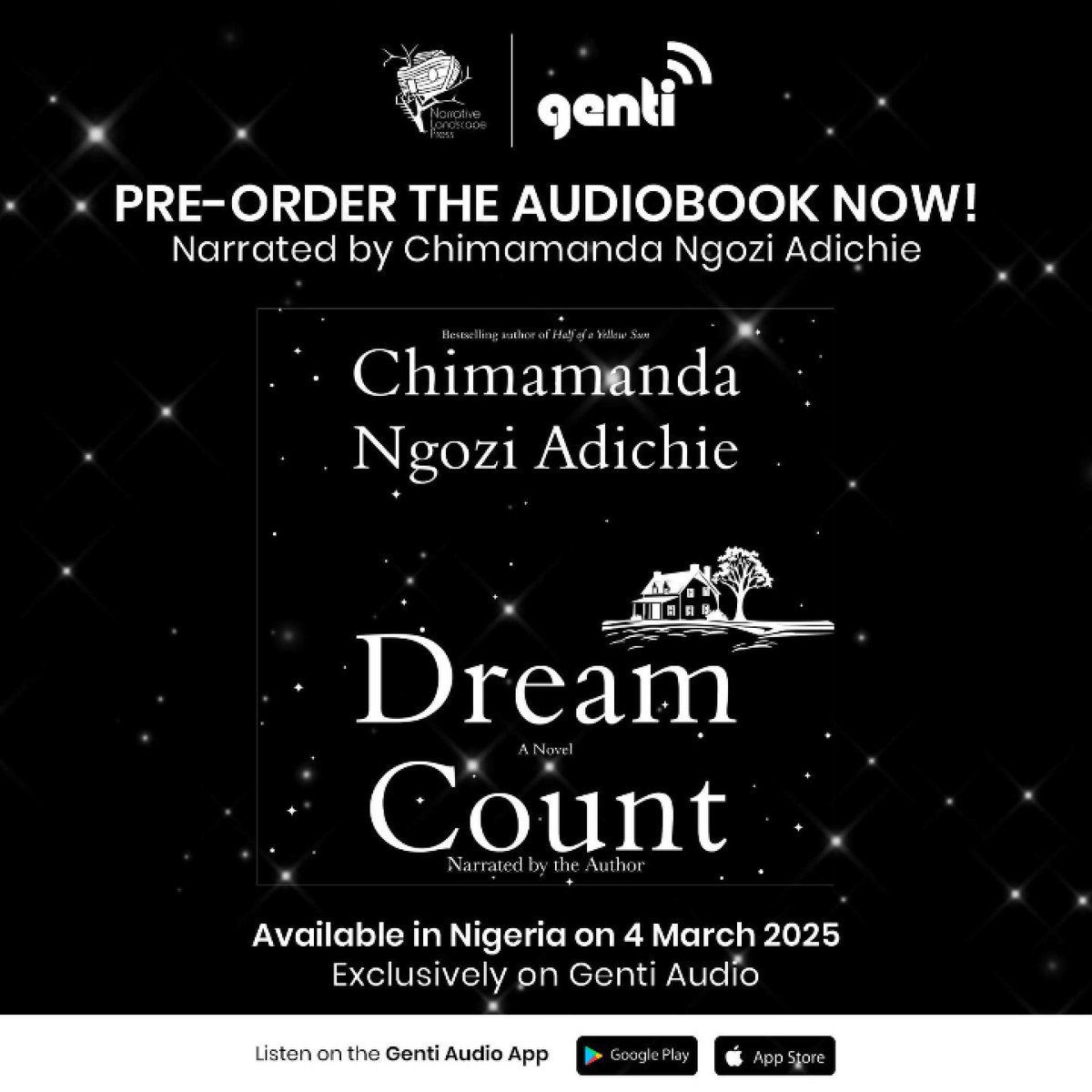 Preorders for the Dream Count audiobook are now open on the Genti Audio app (available on iOS and Play Store) for a special preorder price of NGN 8,000. The audiobook will be officially released on 4 March 2025.

Visit here to preorder: gentiaudio.app.link. 

#Dreamcount