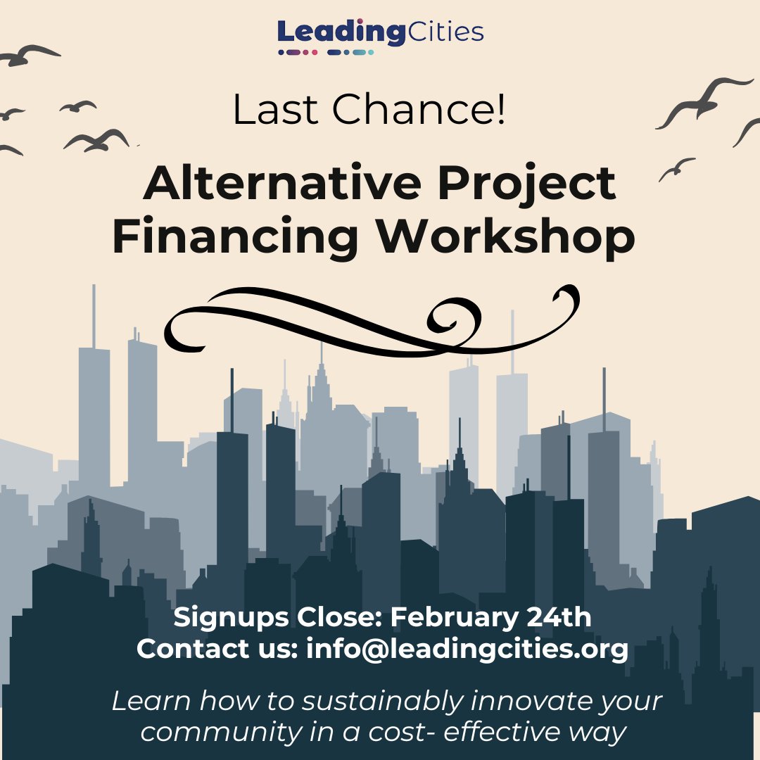 🏢 Last Call for City Leaders! 
 
Sign up for the Alternative Project Financing Workshop before Monday the 24th In these times of uncertainty, learn how to best secure funding for your city's projects through Public Private Partnerships. 
 
Sign up here: lnkd.in/gQ4RUq7P