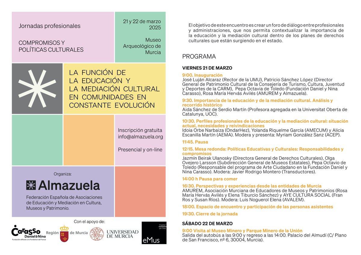 No os perdáis las I Jornadas de #EducaciónPatrimonial y #MediaciónCultural de <a href="/almazuela_org/">Almazuela</a> el 21 y 22 de marzo, un foro de diálogo entre profesionales y administraciones en el marco de los Planes de Derechos Culturales. Tb en streaming!! Inscripción gratuita info@almazuela.org