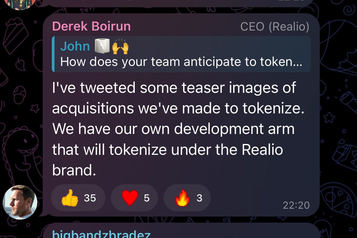 nb_coins's tweet photo. The boss is speaking:

Anyone will be able to tokenize whatever he want for free on the plattform

V2 Realio Investment Plattform will go live in the coming weeks 

This will be the start of real Tokenization on @realio_network 

@realio_network team aquired 2 properties and a part of the Island ( worth 50mil at all) so TVL will be at 50mil only by the team himself

What do you think will happen once Derek rolls out his contacts

Also the burning for $RIO will start in the coming week with @districts_xyz goes live

We are so early with $RIO and $RST

Mcap is only $25mil