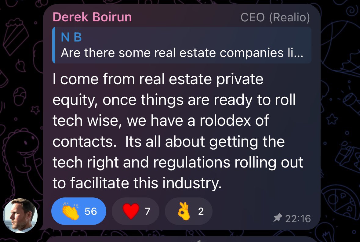nb_coins's tweet photo. The boss is speaking:

Anyone will be able to tokenize whatever he want for free on the plattform

V2 Realio Investment Plattform will go live in the coming weeks 

This will be the start of real Tokenization on @realio_network 

@realio_network team aquired 2 properties and a part of the Island ( worth 50mil at all) so TVL will be at 50mil only by the team himself

What do you think will happen once Derek rolls out his contacts

Also the burning for $RIO will start in the coming week with @districts_xyz goes live

We are so early with $RIO and $RST

Mcap is only $25mil