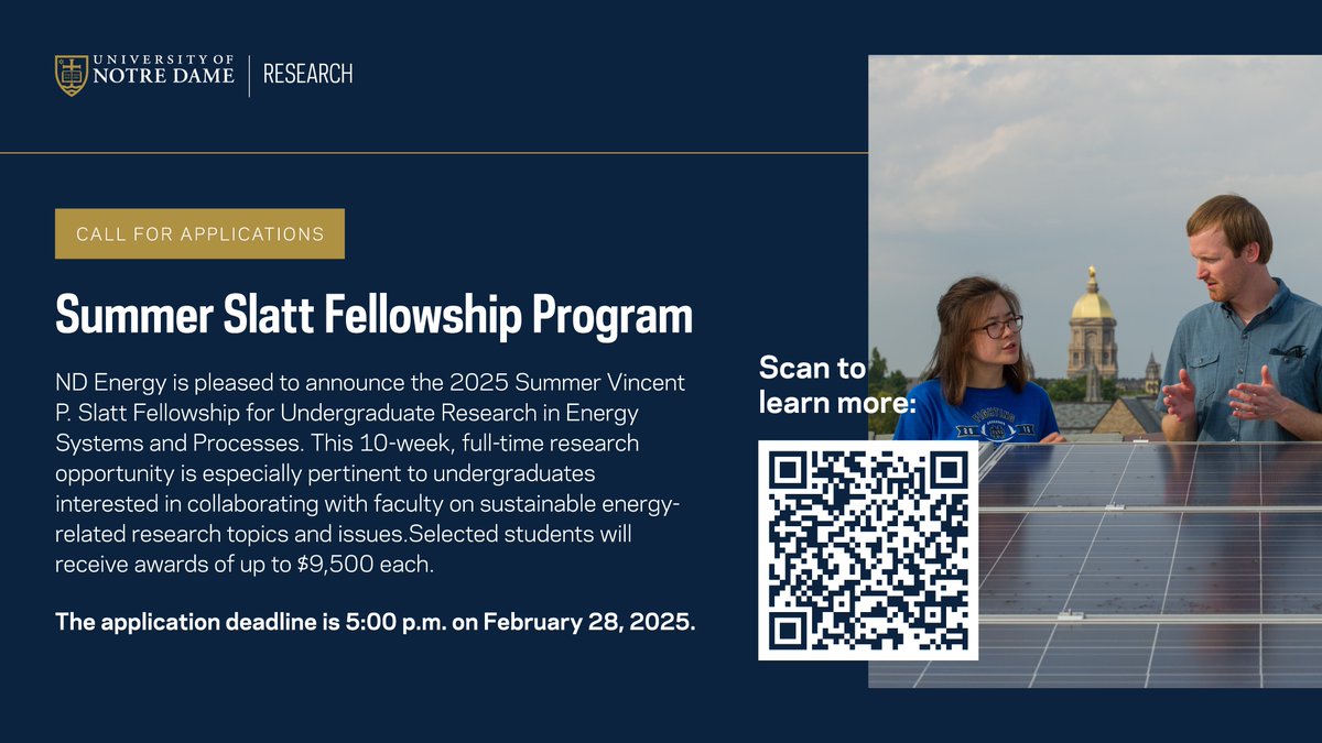 ND Energy (@notredameenergy) on Twitter photo Interested in conducting energy-related research at <a href="/NotreDame/">University of Notre Dame</a> this summer? The Vincent P. Slatt Fellowship Program is accepting applications from undergraduate students who want to gain a deeper understanding of sustainable energy.
energy.nd.edu/opportunities/… Interested in conducting energy-related research at <a href="/NotreDame/">University of Notre Dame</a> this summer? The Vincent P. Slatt Fellowship Program is accepting applications from undergraduate students who want to gain a deeper understanding of sustainable energy.
energy.nd.edu/opportunities/…