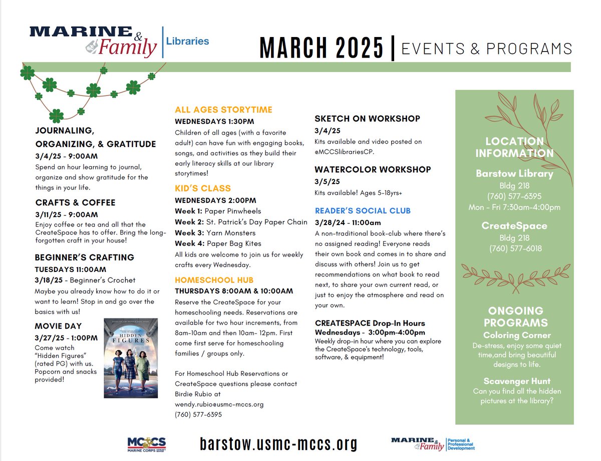 MCLB Barstow (@mclb_barstow) on Twitter photo Come join the MCCS Barstow and Library team for crafts, story time, and CreateSpace classes throughout the month of #March! <a href="/MCLB_Barstow/">MCLB Barstow</a> Come join the MCCS Barstow and Library team for crafts, story time, and CreateSpace classes throughout the month of #March! <a href="/MCLB_Barstow/">MCLB Barstow</a>