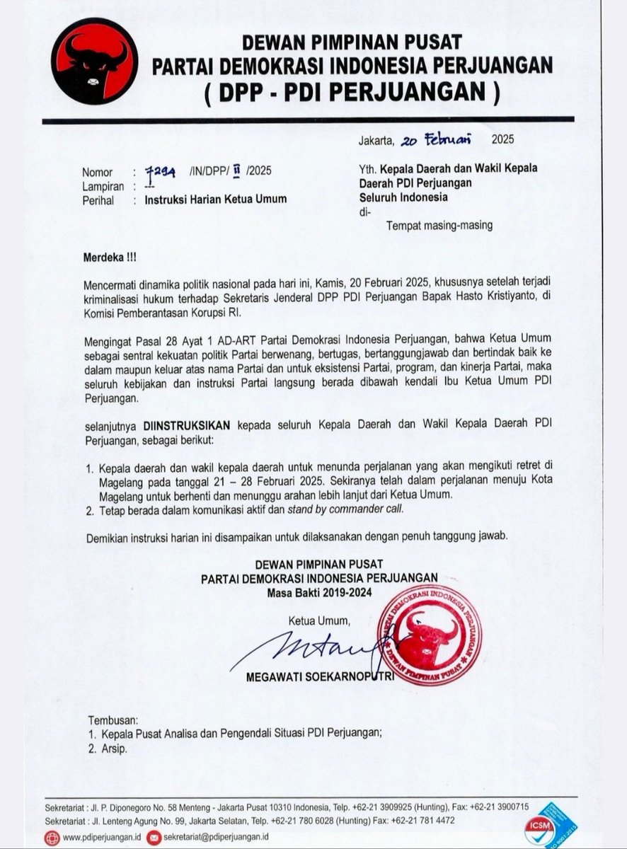 Perlawanan PDIP tertuang dari surat ini,semua kepala daerah terpilih ditunda untuk ikut retreat di magelang dan rakyat punya kawan untuk beroposisi dari kebijakan kebijakan yang menyengsarakan rakyat #IndonesiaGelap