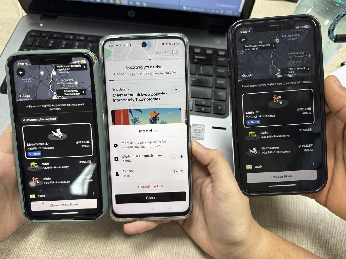 AzmathAliAnsari's tweet photo. Title: Uber’s Pricing Confusion – Why the Difference?

Tried booking an Uber ride for my colleague, and to my surprise, the same ride showed different prices on different devices—Android vs. iPhone. Same pickup, same drop-off, same time, yet different fares. Why?
 #uber #Report https://t.co/bC1pyi4Rd2