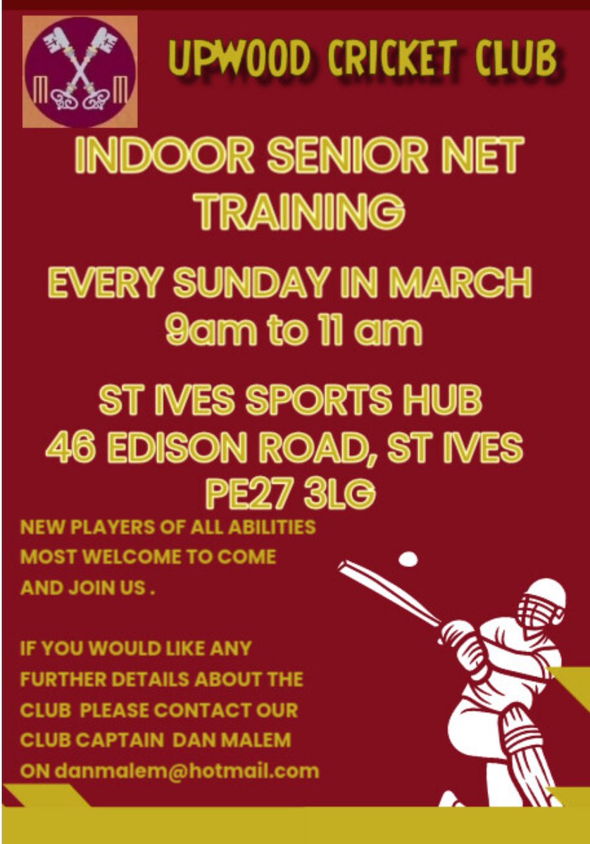 ⭐️UPWOOD CRICKET CLUB ⭐️

Do you fancy a new challenge this season?

Upwood CC near Huntingdon are looking for new players this season 🏏

The club has gained promotion for the last 3 seasons and will now be playing in ONYX Div 1 of the Cambs &amp; Hunts Premier League 

For more