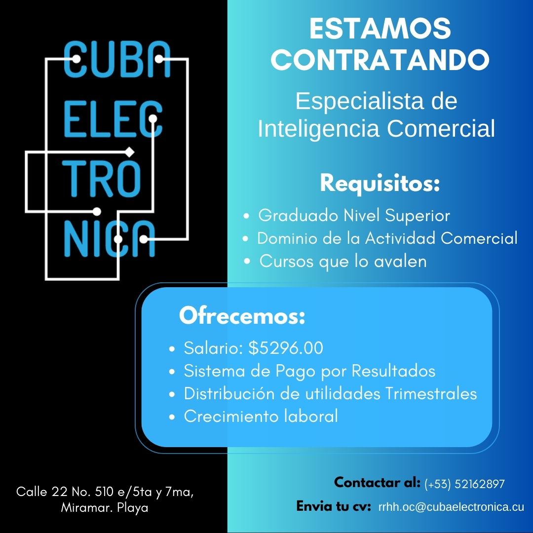 PLAZAS EN CONVOCATORIA📷📷

De estar interesado y cumplir con los requisitos que aparecen en el anuncio, debe contactarnos al 52162897 o enviar su CV 
#ofertas #empleo #cubaelectronica 
<a href="/GelectCuba/">Gelect</a> <a href="/MindusIndustria/">Ministerio de Industrias de Cuba</a>
