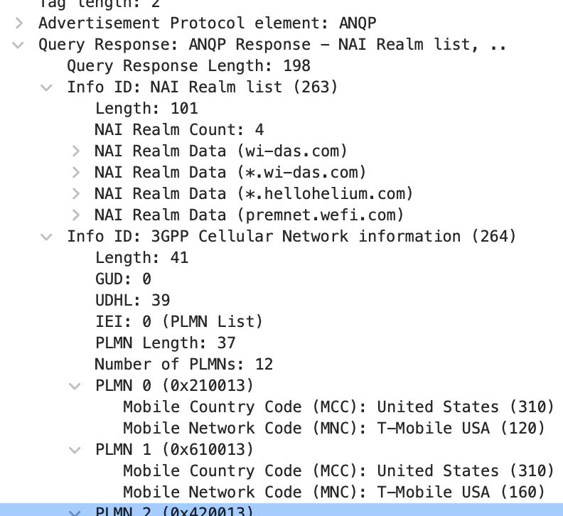 Passpoint analysis: use <a href="/WiresharkNews/">Wireshark Foundation</a>  filter "wlan.fixed.category_code == 4" on a wireless pcap to see the ANQP exchanges that expose the identity providers. #wlpc