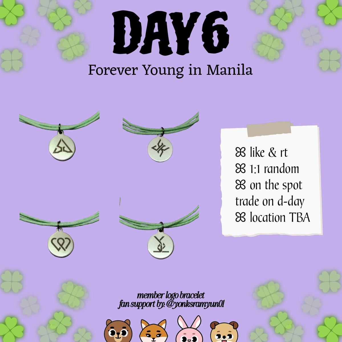 yonksramyun01's tweet photo. <DAY6 Forever Young in Manila>

— fan support by @yonksramyun01

ꕤ like &amp; rt
ꕤ 1:1 random distribution
ꕤ on the spot trade on d-day
ꕤ location TBA

See you on Saturday, Mydays!!!

#DAY6inManila
#DAY6_3RD_WORLDTOUR_MANILA 
#DAY6_3RD_WORLDTOUR_MNL https://t.co/2xoslKsoZZ