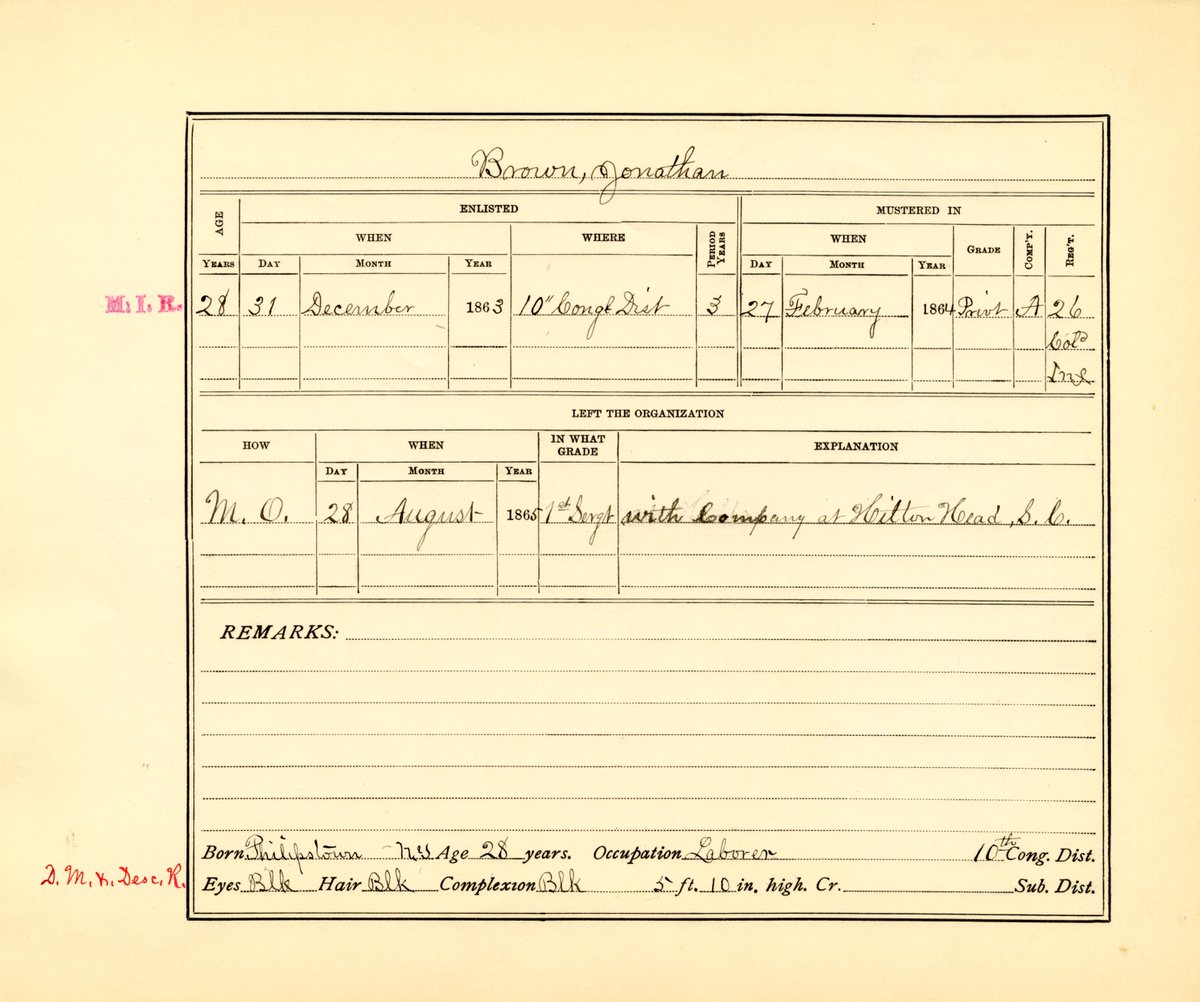 nysarchives's tweet photo. Muster roll abstract for Civil War soldier Jonathan Brown of the U.S. Colored Troops. Brown was promoted to First Sergeant during his service. #BlackHistoryMonth #Embattled https://t.co/Gy8qQ2R5kj