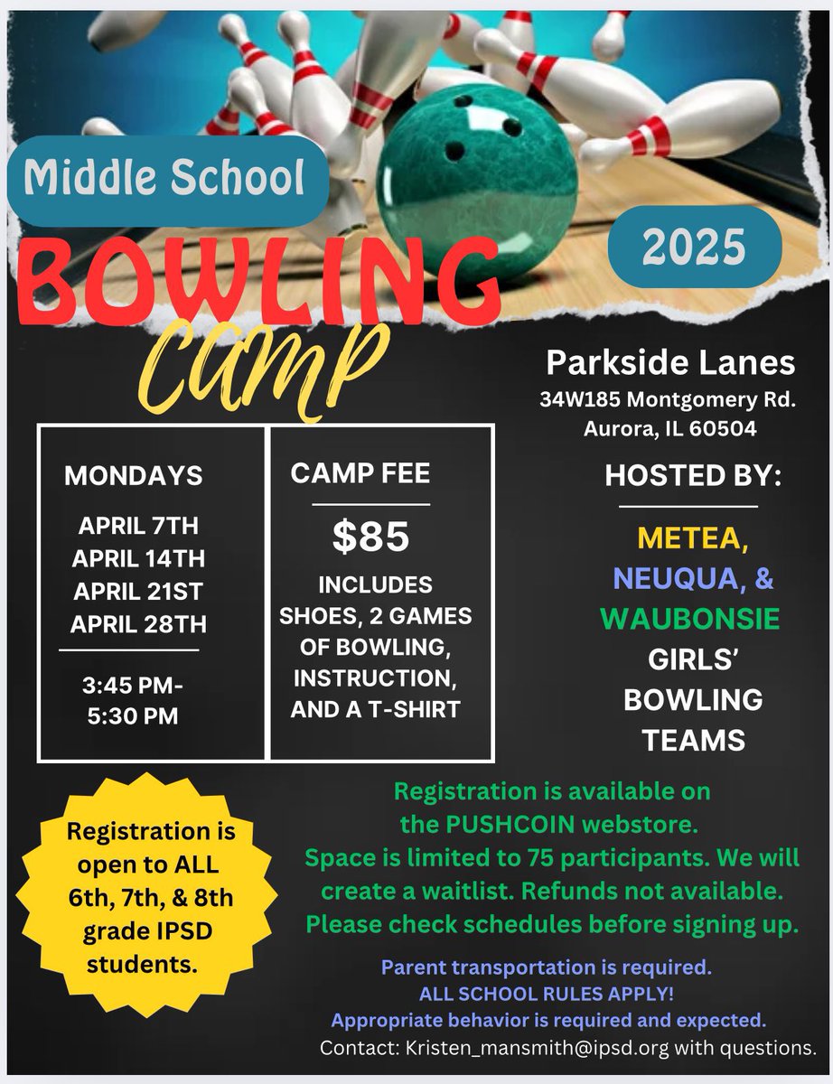 Middle School Camp registration is open. 6th, 7th, &amp; 8th grade Girls &amp; Boys welcome! Space is limited! Sign up today! <a href="/MVHSBowling/">Metea Bowling💛🐴🎳🖤</a> <a href="/WVHSBowling/">Waubonsie Valley High School Girls Bowling Team</a>