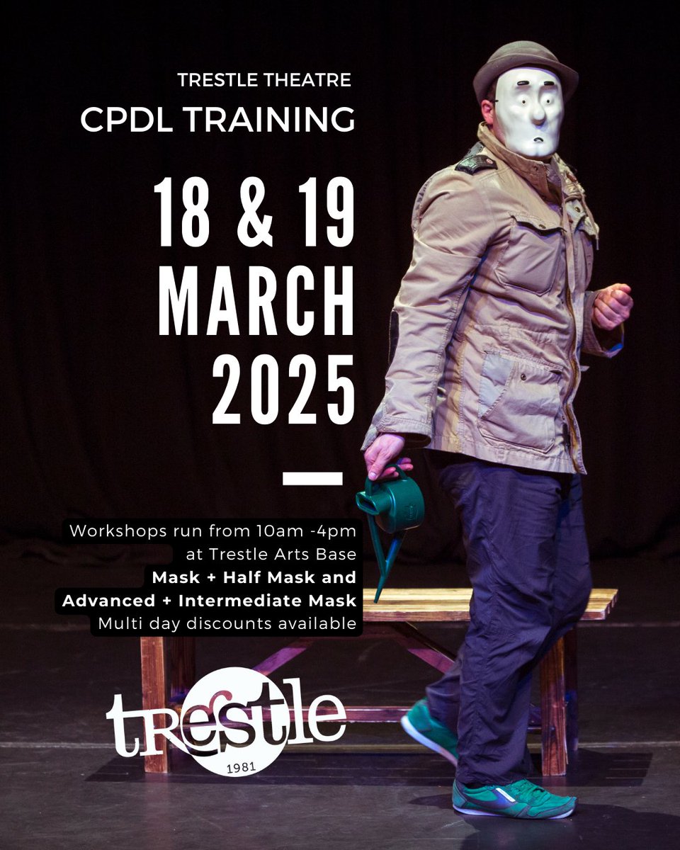trestletheatre's tweet image. Transform your creative practice with our intensive mask training this March!

Two dynamic days at #TrestleArtsBase exploring the power of #TrestleMasks. Special combo discount available.

Book now: bit.ly/3TvRnyO
⁠
#CDPL #CreativeProcess #Workshops #ArtistOpportunities