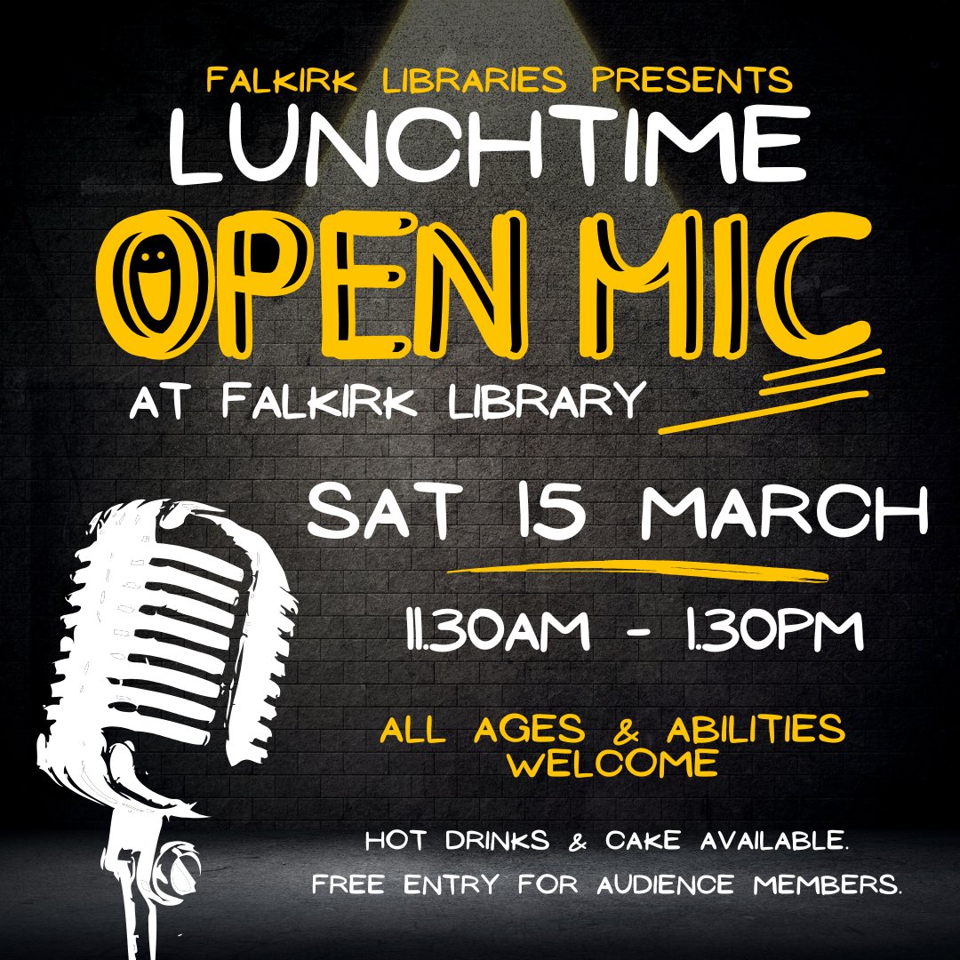 CALLING LOCAL MUSICIANS OF ALL AGES!   #Falkirk Library is hosting their first #openmic lunchtime session on Saturday 15 March from 11.30am-1.30pm.  

This session is open to all ages and abilities. If you'd like to step up to the mic, register on Eventbrite. Details below 👇