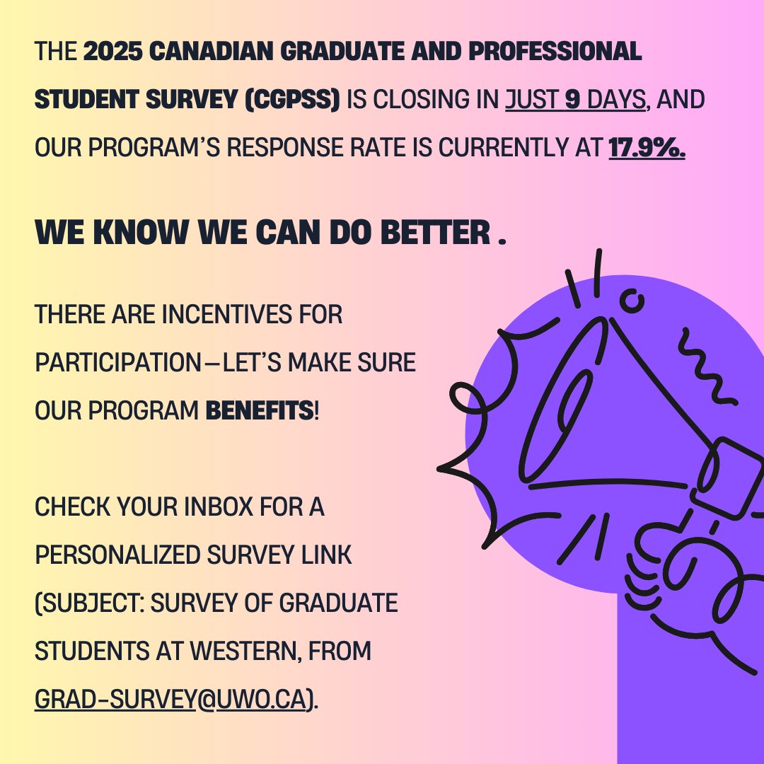 HRSGSS (@hrswestern) on Twitter photo The 2025 Canadian Graduate & Professional Student Survey ends in 9 days & our response rate is <18%. Check your inbox for a personalized survey link (Subject: Survey of Graduate Students at Western from grad-survey@uwo.ca). Your feedback impacts grad programs & services! The 2025 Canadian Graduate & Professional Student Survey ends in 9 days & our response rate is <18%. Check your inbox for a personalized survey link (Subject: Survey of Graduate Students at Western from grad-survey@uwo.ca). Your feedback impacts grad programs & services!
