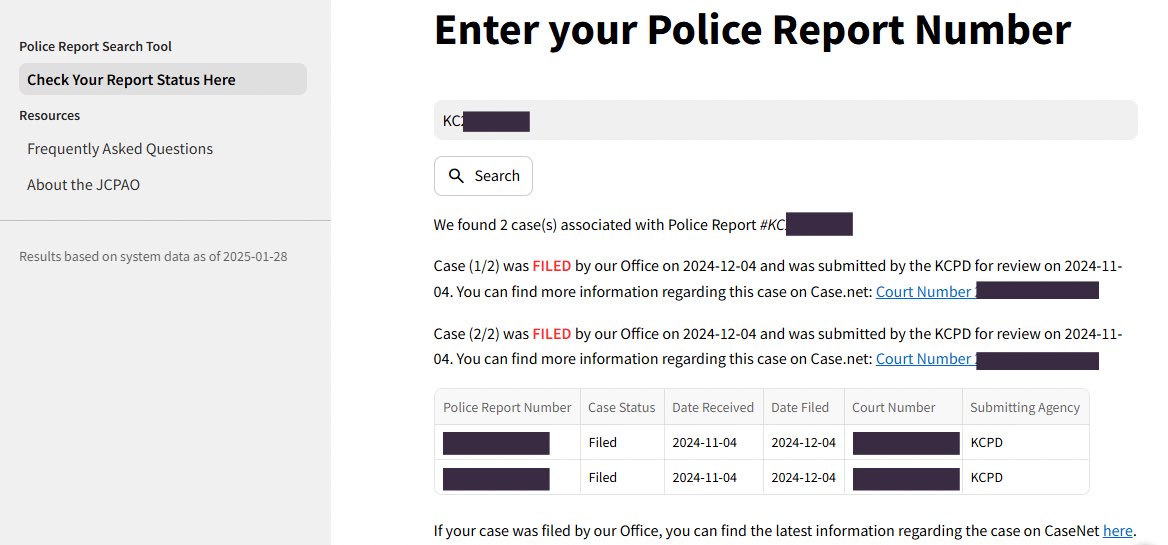 My office launched a new platform making it easier for the community to access case status info. 

Enter a police report # and you’ll find the submission date to the Prosecutor’s Office and the current case standing—under review, charged, or disposed. 

🔗 jacksoncountyprosecutor.com/242/Police-Rep…