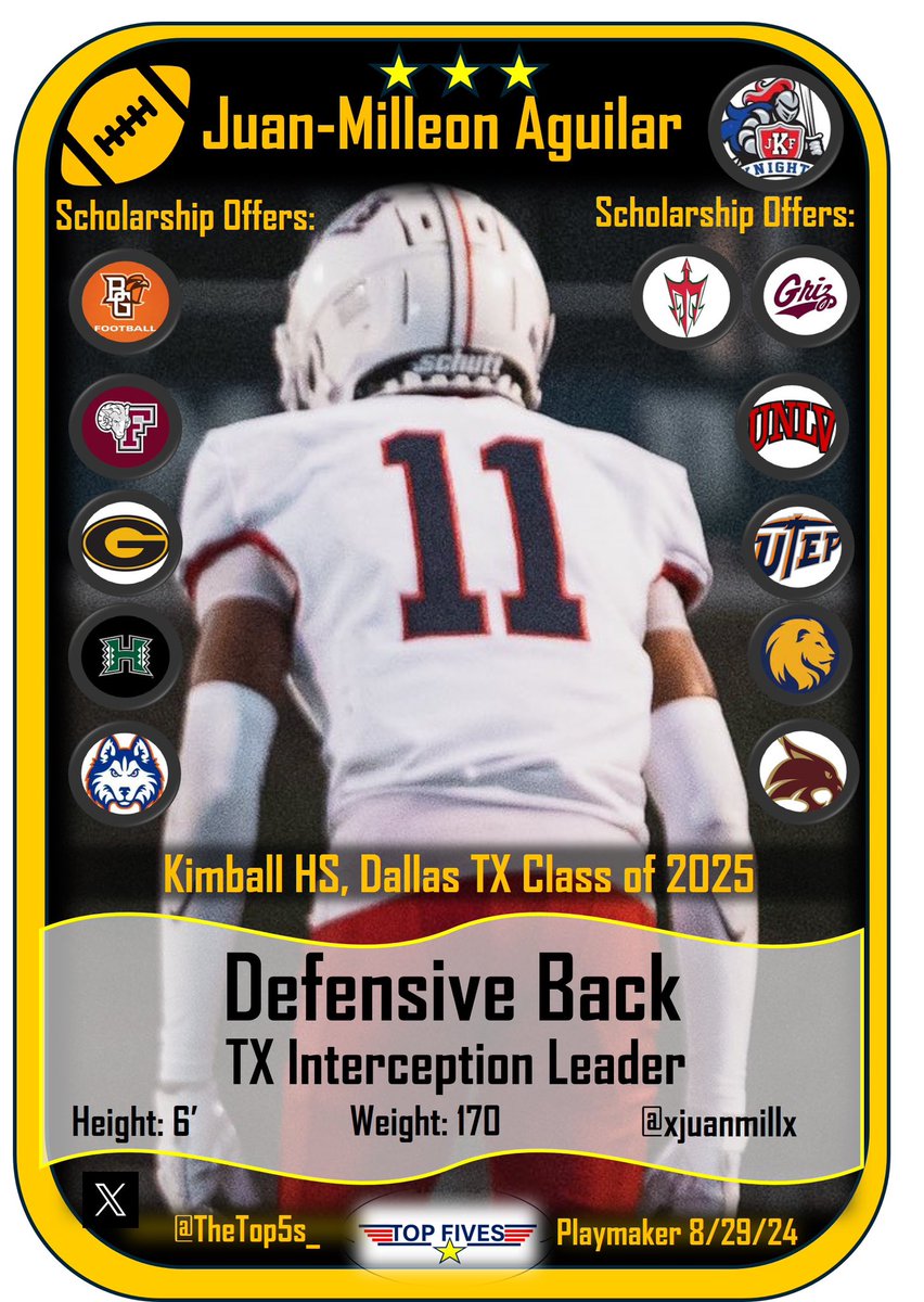 TOP FIVES (@thetop5s_) on Twitter photo ๐ฅ๐ฅ๐ฅ๐ฅ๐ฅ TEXAS 1st TEAM ALL STATE
QB MASTER TRAPPER 2025 3โญ๏ธ DB <a href="/xjuanmillx/">Juan-Milleon Aguilar๐ชค</a> is the interception leader in TX and has been selected for the second year in a row by the Texas Sportswriters Association!
โญ๏ธโญ๏ธโญ๏ธโญ๏ธโญ๏ธ BALLER!
<a href="/TJCFOOTBALL/">Tyler JC</a> is getting a real one! โ๏ธ
<a href="/StillKimball/">Kimball Knights Football๐</a> ๐ฅ๐ฅ๐ฅ๐ฅ๐ฅ TEXAS 1st TEAM ALL STATE
QB MASTER TRAPPER 2025 3โญ๏ธ DB <a href="/xjuanmillx/">Juan-Milleon Aguilar๐ชค</a> is the interception leader in TX and has been selected for the second year in a row by the Texas Sportswriters Association!
โญ๏ธโญ๏ธโญ๏ธโญ๏ธโญ๏ธ BALLER!
<a href="/TJCFOOTBALL/">Tyler JC</a> is getting a real one! โ๏ธ
<a href="/StillKimball/">Kimball Knights Football๐</a>