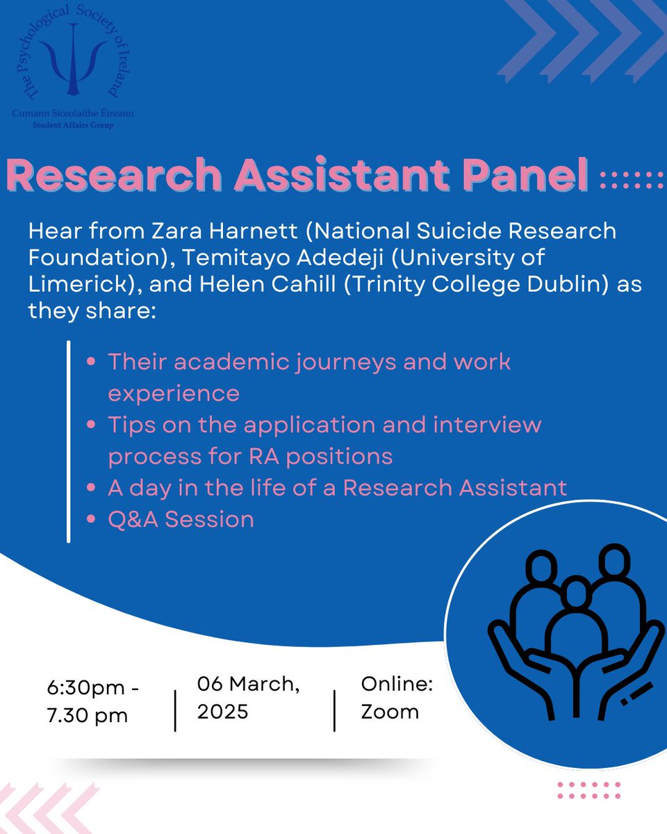 Join the Student Affairs Group for our Research Assistant (AP) Panel, with an exclusive chance to hear first hand experiences and tips!
🗓️ 6th of march 
⏰ 6.30-7.30
📍Zoom 
Reserve your spot:
Link available through our linktree in our instagram bio! 
Or 
psychologicalsociety.ie/event/Research…