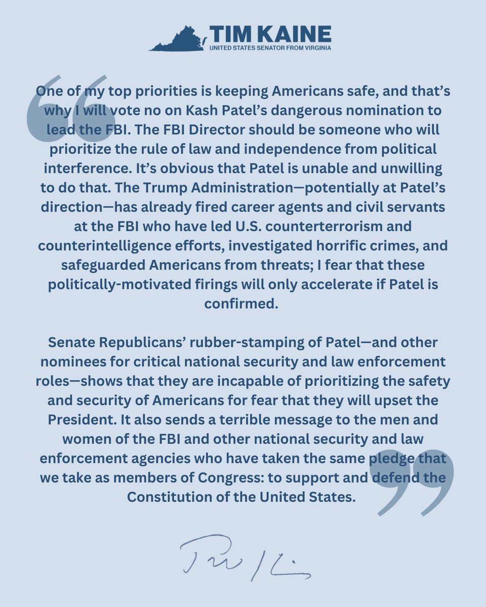 My statement ahead of the Senate’s vote on Kash Patel’s nomination to be FBI Director: