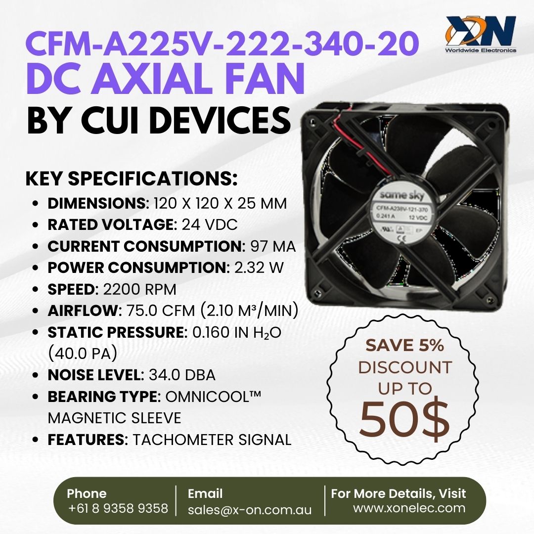 xonelectindia's tweet image. Keep your electronics cool with the CFM-A225V-222-340-20 DC axial fan from CUI Devices, available globally through Xon Electronics! 🌎

Buy Now: xonelec.com/mpn/cuidevices…

🔗 #CoolingFan #CUIDevices #Electronics #Tech #ThermalManagement #XonElectronics