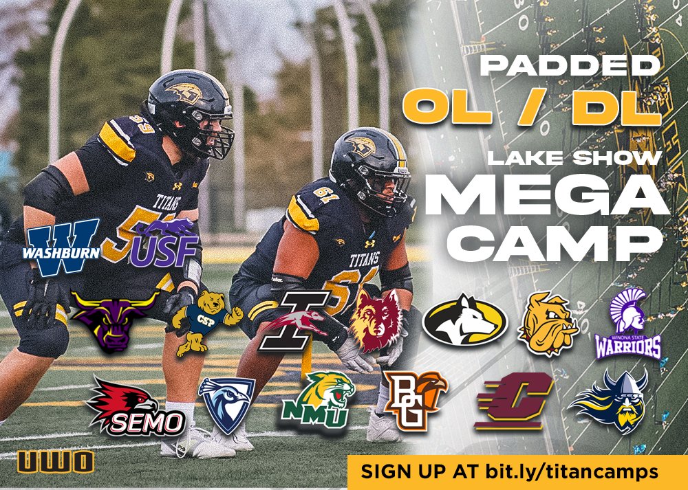 The OL and DL at our Lake Show Mega Camp will be PADDED UP! 🏈🔥

<a href="/IchabodFTBL/">Washburn Football</a> will be one of 15+ scholarship schools in attendance! Don’t miss this opportunity!

🔗 bit.ly/LakeShowMegaCa…

#GoldStandard | #TitanCamps