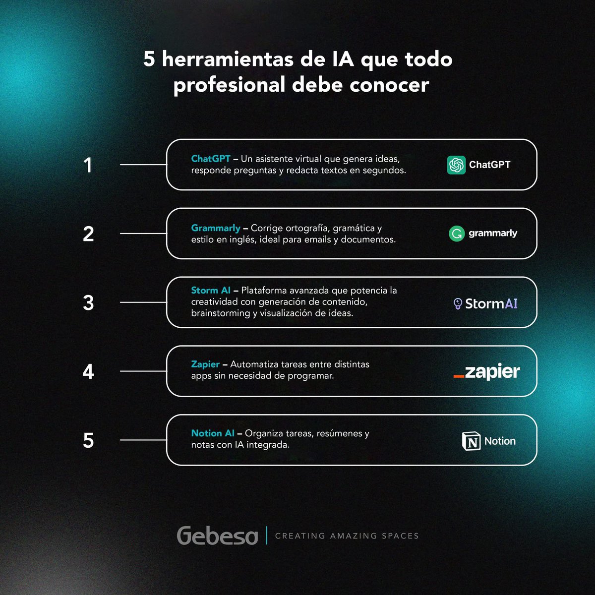La inteligencia artificial está transformando la manera en que trabajamos. Aquí te dejamos 5 herramientas esenciales para mejorar tu productividad

¿Cuál de estas usas o te gustaría probar? 👇 

#IA #Productividad #Gebesa #Oficinas #EspaciosDeTrabajo