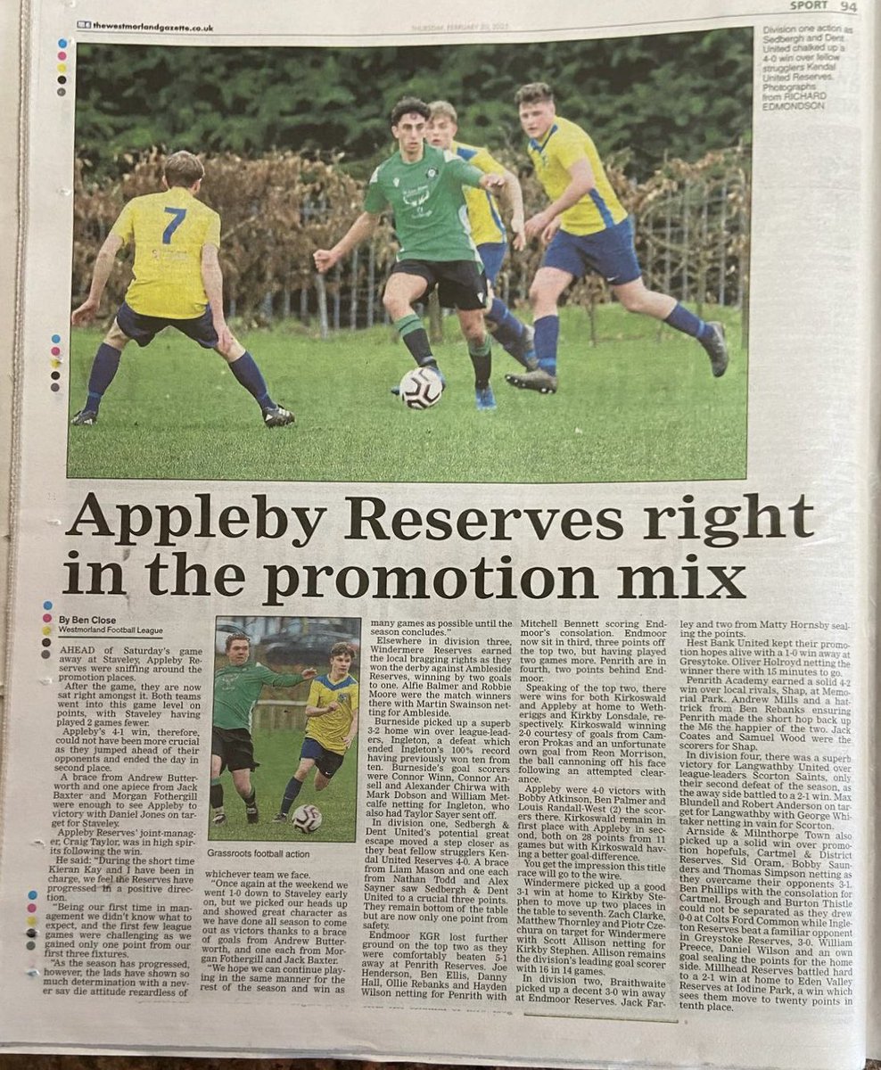 Westmorland Football League (@westmorlandfl) on Twitter photo WESTMORLAND GAZETTE
This week’s article
👉 <a href="/ApplebyAFC/">Appleby AFC</a> Res right in promotion hunt
👉 Taylor delighted with progress
👉 <a href="/windermerefc/">Windermere Sports Club ⚽️</a> Res earn local bragging rights
👉 Huge win for <a href="/SedberghDentUtd/">Sedbergh & Dent United FC</a>
👉 <a href="/Braithwaite_FC/">Braithwaite FC</a> maintain good form
👉 Brilliant <a href="/LangwathbyUtd/">Langwathby United AFC</a> win WESTMORLAND GAZETTE
This week’s article
👉 <a href="/ApplebyAFC/">Appleby AFC</a> Res right in promotion hunt
👉 Taylor delighted with progress
👉 <a href="/windermerefc/">Windermere Sports Club ⚽️</a> Res earn local bragging rights
👉 Huge win for <a href="/SedberghDentUtd/">Sedbergh & Dent United FC</a>
👉 <a href="/Braithwaite_FC/">Braithwaite FC</a> maintain good form
👉 Brilliant <a href="/LangwathbyUtd/">Langwathby United AFC</a> win