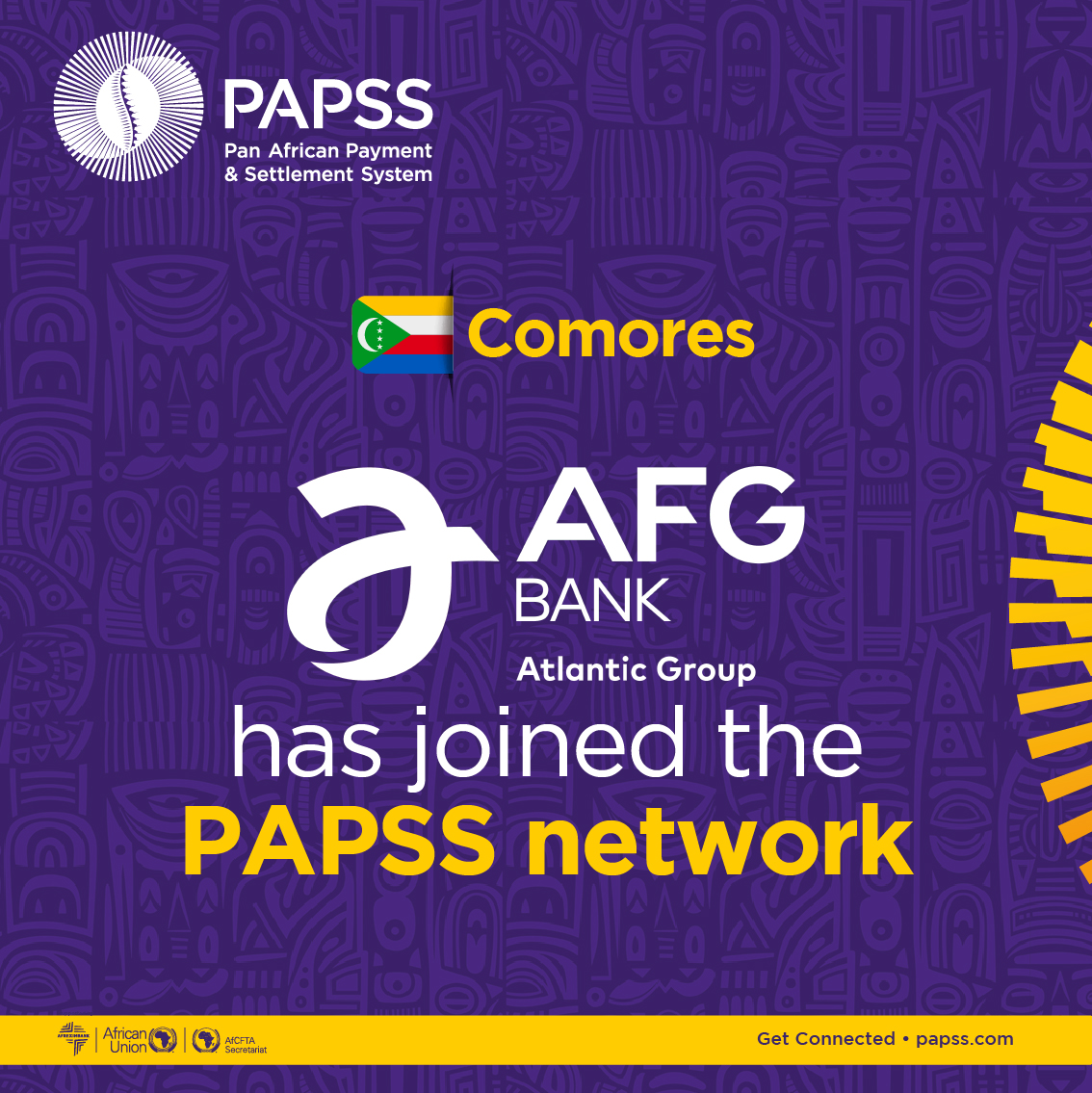 papss_africa's tweet photo. 📢 Welcome @bic_km  to the PAPSS network 🇰🇲

Join us in welcoming AFG BANK Comores who has joined the #PAPSS Network.
The bank will soon be operational to enable seamless cross-border payments in local currency.

Stay tuned for further updates!
#PAPSSIt
#Afreximbank #AfCFTA #AfricanUnion #BorderlessAfrica #CrossBorderPayments #IntraAfricanTrade #PAPSS