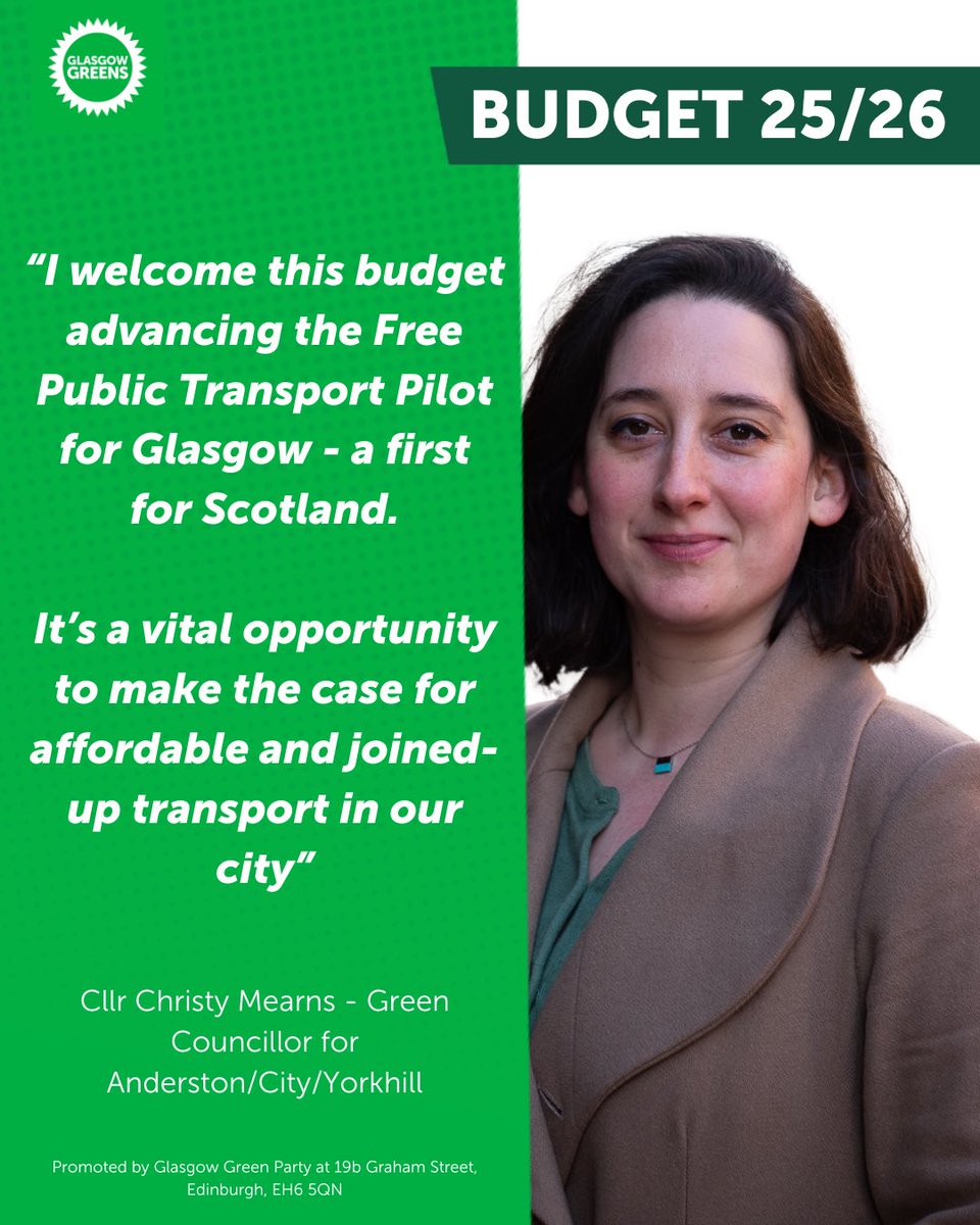 My proposal agreed as part of the SNP/ Green budget today! This secures funding to progress  a Universal Free Public Transport pilot in Glasgow.

We urgently need affordable, integrated transport to meet people’s needs &amp; lower climate emissions. This will help get us there! 🚌🚂