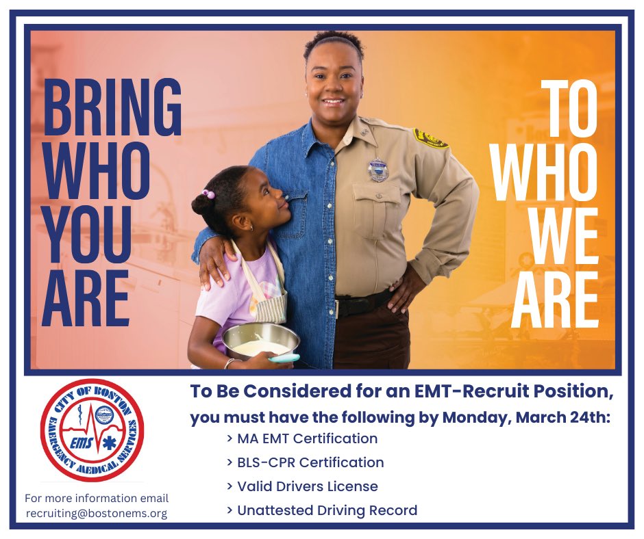 Boston EMS (@boston_ems) on Twitter photo 🚑 We're Hiring! 🚑
Ready to make a difference as an EMT with #BostonEMS? Apply today: tinyurl.com/BostonEMSEMTRe…
🔹 Starting pay: $35/hour
🔹 Residency requirement: Suspended
🔹 Comprehensive training & career growth opportunities
Questions? Email us at recruiting@bostonems.org 🚑 We're Hiring! 🚑
Ready to make a difference as an EMT with #BostonEMS? Apply today: tinyurl.com/BostonEMSEMTRe…
🔹 Starting pay: $35/hour
🔹 Residency requirement: Suspended
🔹 Comprehensive training & career growth opportunities
Questions? Email us at recruiting@bostonems.org