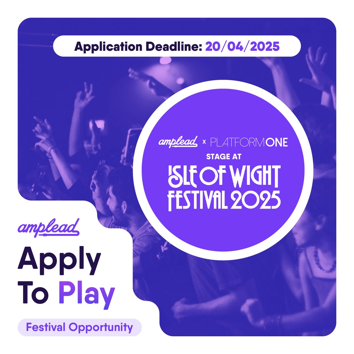 AmpleadHQ's tweet photo. How would you like to play at the legendary @IsleOfWightFest 2025?

One lucky Apply To Play artist will be selected to perform a 30-minute set on Sunday 22nd June, on the Platform One stage in the main arena 🎪 The chosen act will also receive full weekend camping passes.

Applications for this incredible opportunity close on Sunday 20th April at 9pm, so don’t delay – submit your application now (via the link below 👇) to be in with a chance of performing at one of the UK’s most renowned festivals.

https://t.co/JzYZoxGkN9