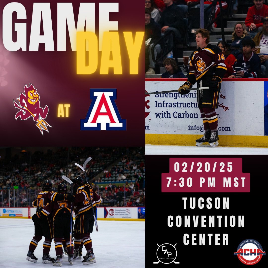 🆚 UofA
📍 Tucson Convention Center 
📺 UofA Hockey on YouTube 
⏰ 7:30 pm MST 

#GoDevils 🔱⬆️