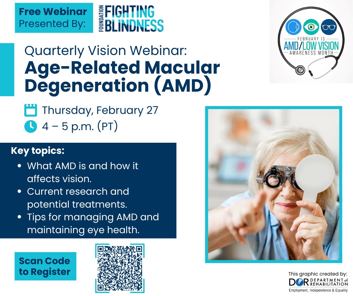 California DOR (@californiador) on Twitter photo February is Low Vision Awareness and Age-Related Macular Degeneration (AMD) Awareness month! Join <a href="/FightBlindness/">Foundation Fighting Blindness</a> for a free webinar on Thursday, February 27 from 4 to 5 pm (PT) to hear the latest in AMD research and treatment.
Click link to register: bit.ly/3WM6g1K February is Low Vision Awareness and Age-Related Macular Degeneration (AMD) Awareness month! Join <a href="/FightBlindness/">Foundation Fighting Blindness</a> for a free webinar on Thursday, February 27 from 4 to 5 pm (PT) to hear the latest in AMD research and treatment.
Click link to register: bit.ly/3WM6g1K