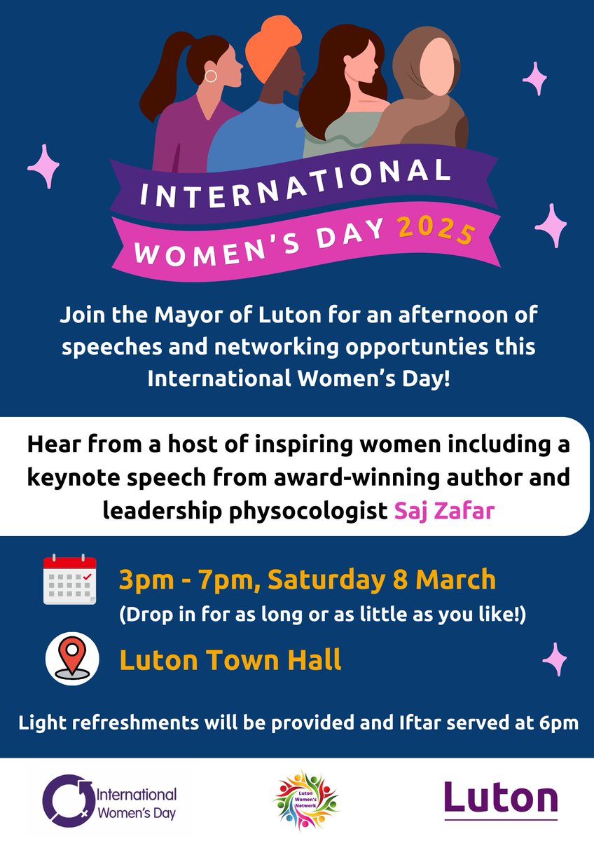 📣 Join the Mayor of Luton on #InternationalWomensDay for an afternoon of inspiring speeches and networking opportunities!

📅 3pm-7pm, Saturday 8 March 📍 Luton Town Hall

🔗 Please register via Eventbrite to secure your place tinyurl.com/ye7sjrzc 

#AccelerateAction