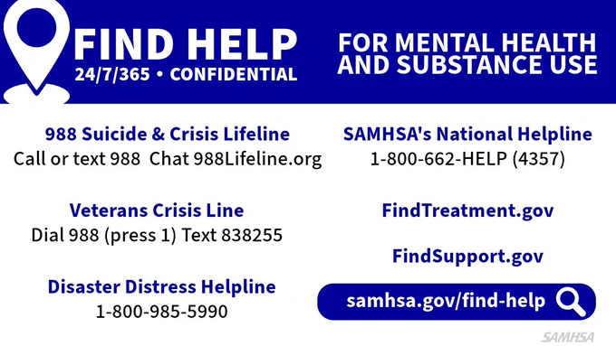 Find Help for mental heath and substance use 24/7/365 & Confidential: 988 Suicide & Crisis Lifeline, Veterans Crisis Line, Disaster Distress Helpline; SAMHSA's National Helpline; FindTreatment.gov; FindSupport.gov samhsa.gov/find-help