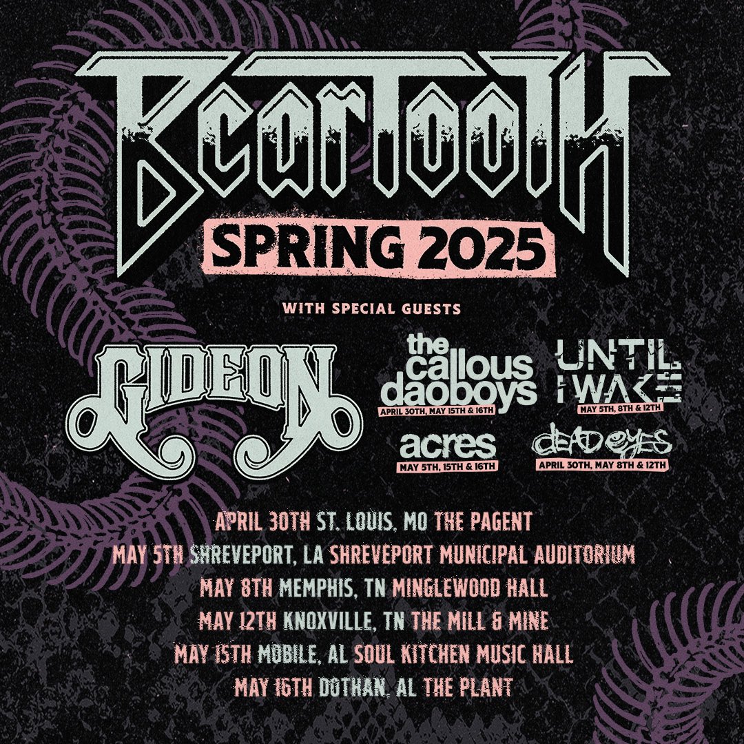 Excited to announce <a href="/callousdaoboys/">The Callous Daoboys</a> will be joining <a href="/BEARTOOTHband/">Beartooth</a> for a few shows this Spring! 

4/30: St. Louis, MO - The Pagent
 
5/15: Mobile, AL - Soul Kitchen Music Hall
 
5/16: Dothan, AL - The Plant

Tickets on-sale tomorrow, Friday, 2/21 at 10am local time!