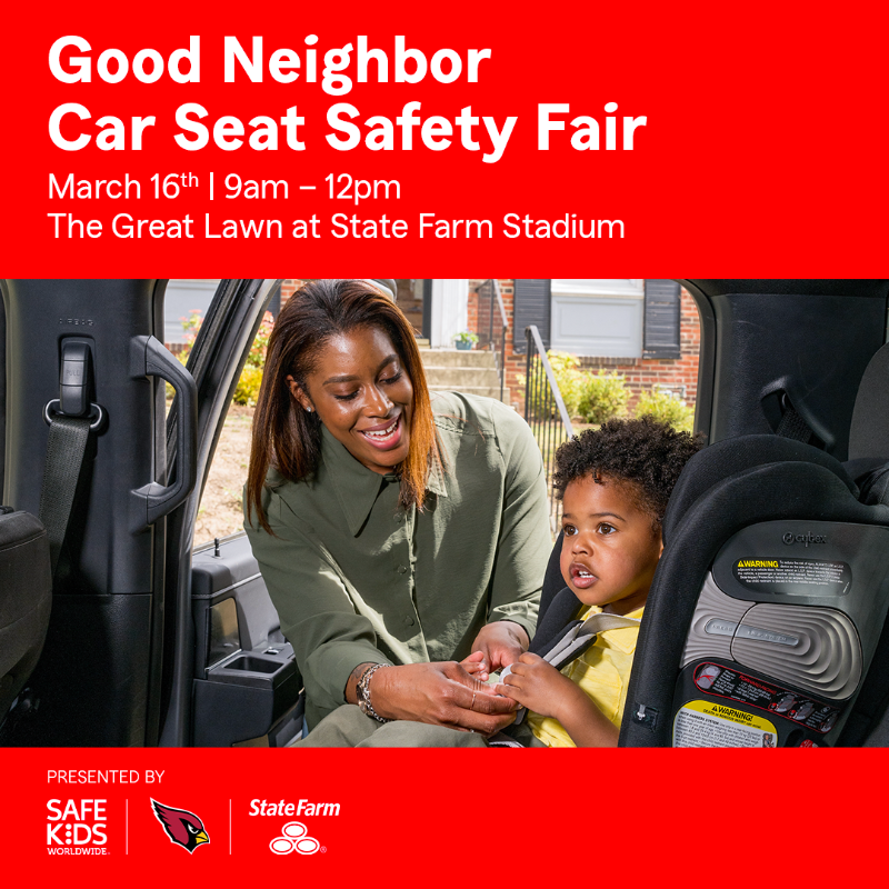 AZCardinals's tweet photo. 🚗FREE CAR SEAT SAFETY CHECKS 🚗 We’re partnering with @statefarm and @safekidsworldwide to host the Good Neighbor Car Seat Safety Fair. This event makes child road safety fun with free car seat inspections, autograph signings with Cardinals players, live entertainment, and more!