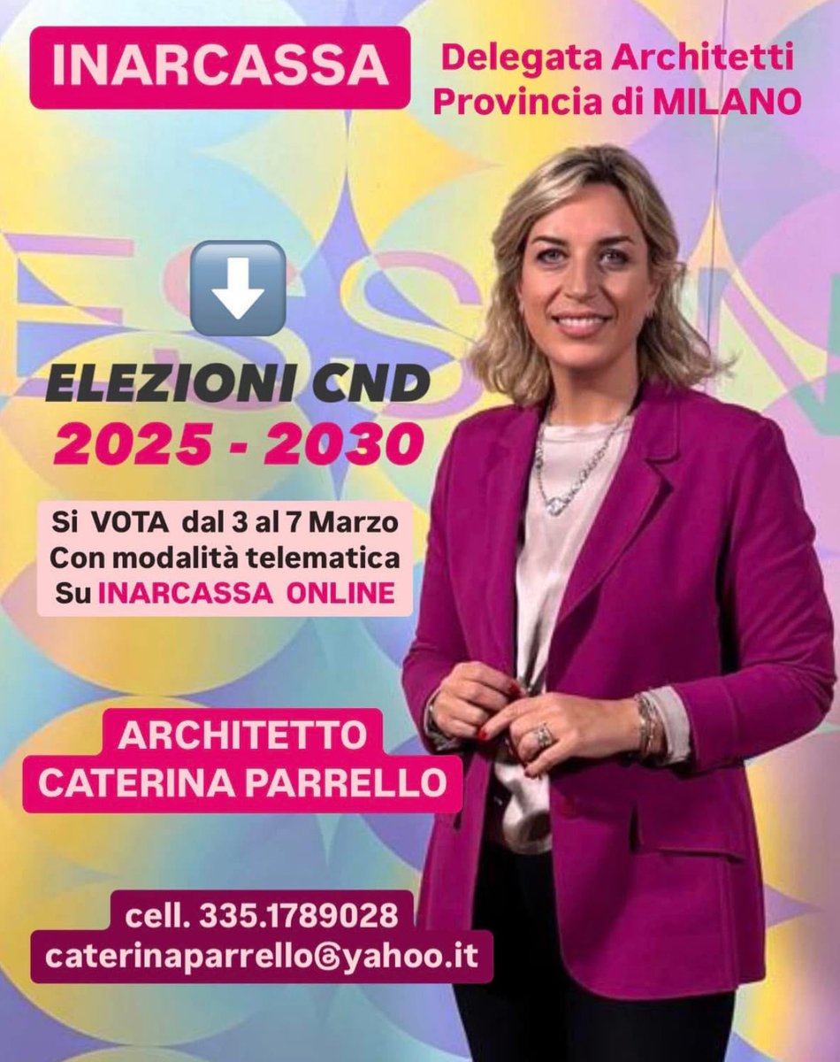 archgmjl's tweet photo. #ELEZIONI #INARCASSA 2025-2030 
Arch. CATERINA PARRELLO,  Delegata Architetti provincia di #MILANO. 

Arch.  #CATERINAPARRELLO
Per info potete contattarmi al numero 335.1789028 o via mail caterinaparrello@yahoo.it. https://t.co/5Sj5REngWo