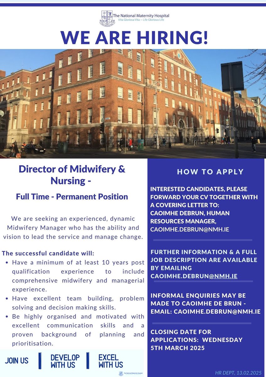 ✨ We are hiring! ✨

Exciting opportunity - The National Maternity Hospital is seeking to recruit a Director of Midwifery and Nursing.

For more info and to apply ⤵️

nmh.ie/home/careers.1…

 #Jobfairy #TeamNMH