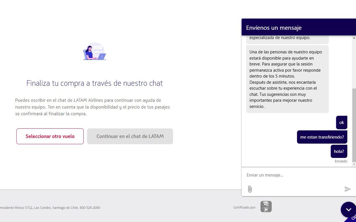haacke's tweet photo. @LATAM_CHI Estoy tratando de comprar un pasaje urgente y no me deja! Me dice que me transferirá a un ejecutivo en 5 minutos y no pasa nada https://t.co/KyO90Olwfa