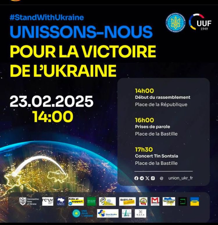 Manifestation pour l’Ukraine ce dimanche à 14h place de la république et discours à 16h place de la Bastille.
Venez nombreux !
<a href="/UEF_France/">Union des Fédéralistes Européens 🇫🇷 🇪🇺 🇺🇦</a> <a href="/UEF_IDF/">UEF Ile-de-France</a> <a href="/PeurAvion/">Xavier Tytelman</a> <a href="/Michel_Goya/">Michel Goya</a> <a href="/NTenzer/">Nicolas Tenzer</a> <a href="/nicolas_richoux/">RICHOUX Nicolas</a> <a href="/guillaume_ancel/">Guillaume ANCEL 🌊</a> <a href="/colinlebedev/">Anna Colin Lebedev</a> <a href="/AmourskyCyrille/">Cyrille Amoursky</a>