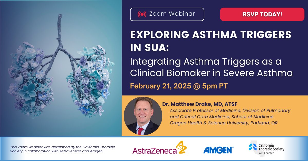 Have you registered for tomorrow's webinar at 5pm PT, yet?:⁣⁣
🎟️ bit.ly/cts-webinar-fe…
🫁 Exploring Asthma Triggers in SUA – CV
🎙️ Matthew Drake, MD, ATSF

This is a non-CME event.

Developed by the CTS in collaboration with Amgen and AstraZeneca.