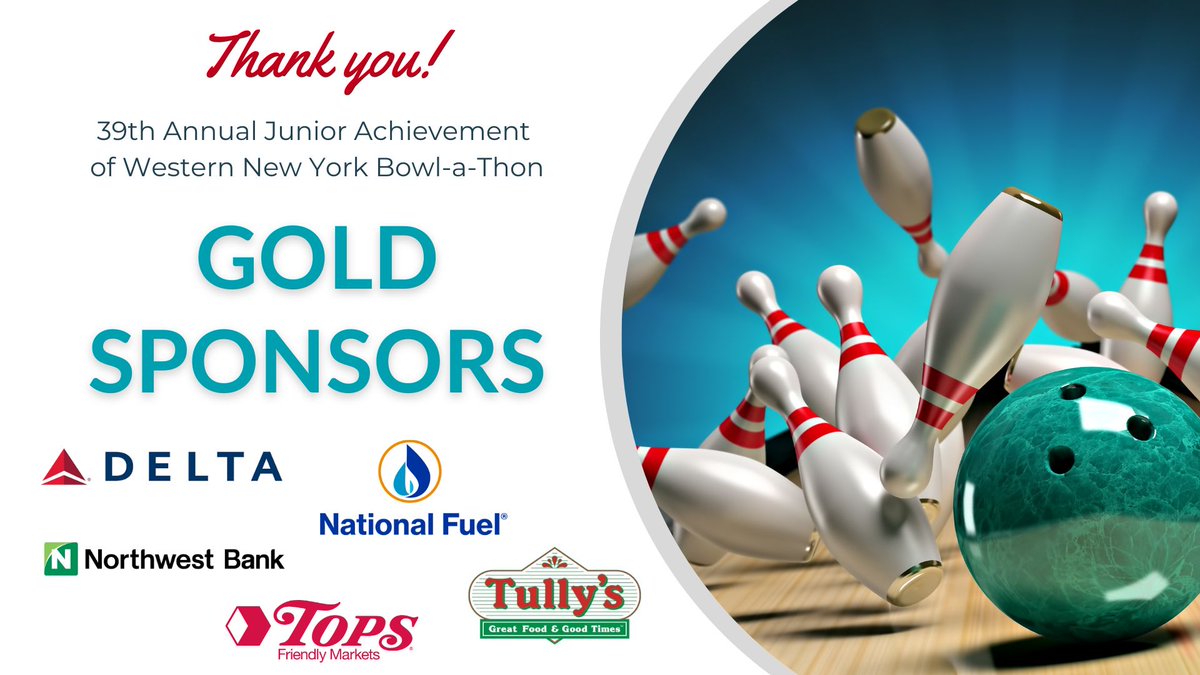 The Gold Sponsors of the 39th Annual #JAWNYBowlathon grew by three this year! Thank you to <a href="/TopsMarkets/">Tops Markets</a>, <a href="/TullysGoodTimes/">Tully's Good Times</a>, <a href="/Delta/">Delta</a>, National Fuel, and <a href="/NWSB/">NorthwestBank</a>. We can’t wait to see everyone on the lanes!

#ThankYou #Year39 #BoundlessPossibilities #DeltaServes