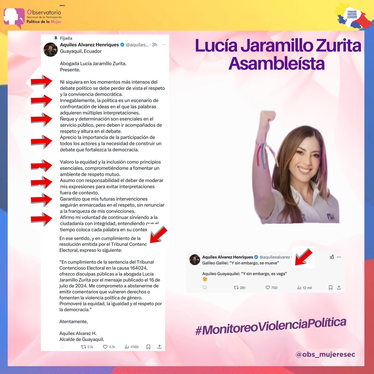 #MonitoreoViolenciaPolítica 

Nuestro compromiso con las mujeres políticas en ambientes libres de violencia sigue siendo nuestra prioridad.

Sobre las disculpas públicas ofrecidas por el Alcalde de Guayaquil a la Asambleísta <a href="/Lucia_Jaramillo/">Lucia Jaramillo</a>  nos pronunciamos: 

❌ Evasión de